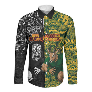 Custom South Africa vs New Zealand Long Sleeve Button Shirt Rugby se Grootste Wedywering Two Nations One Battle