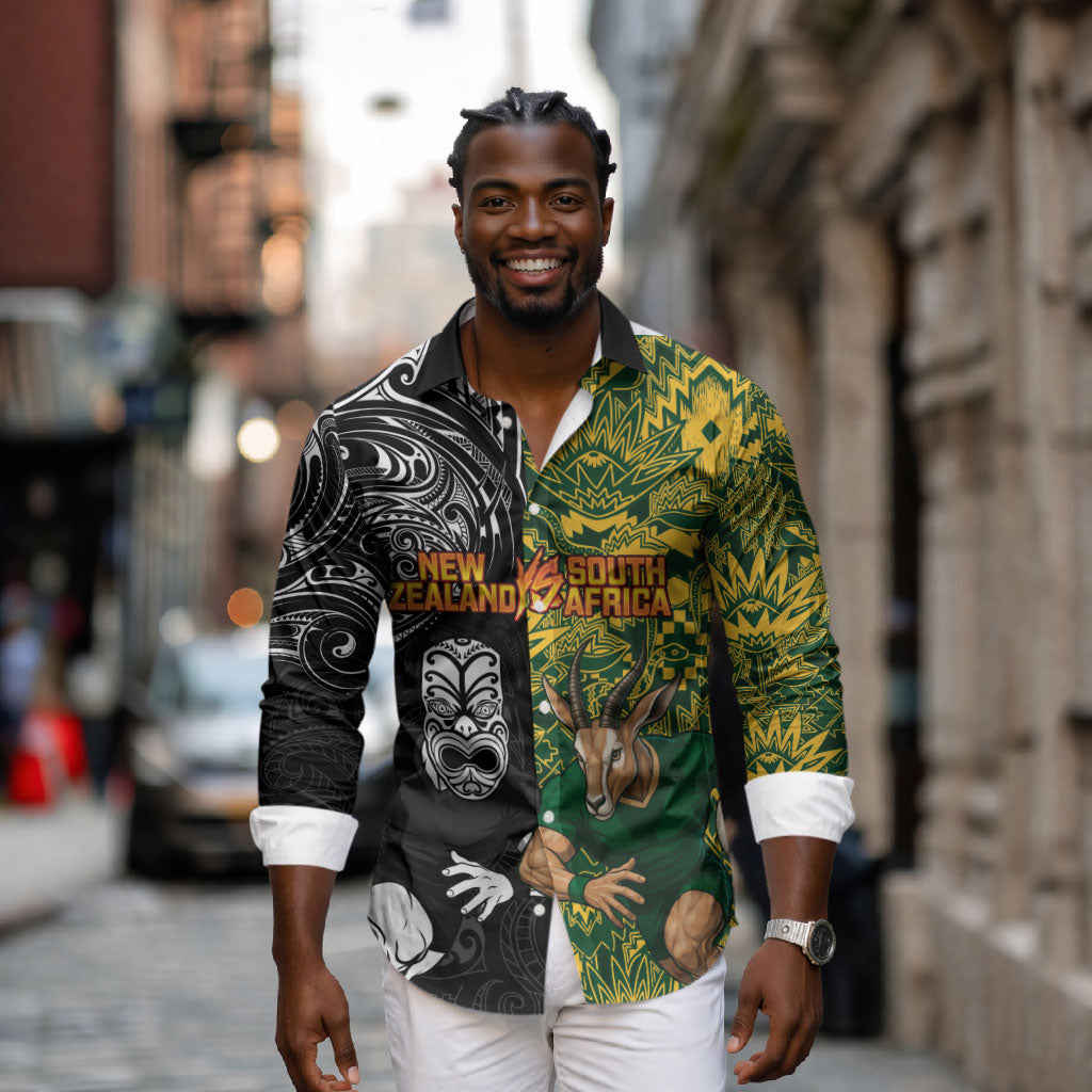 Custom South Africa vs New Zealand Long Sleeve Button Shirt Rugby se Grootste Wedywering Two Nations One Battle