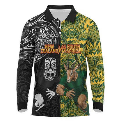 Custom South Africa vs New Zealand Long Sleeve Polo Shirt Rugby se Grootste Wedywering Two Nations One Battle