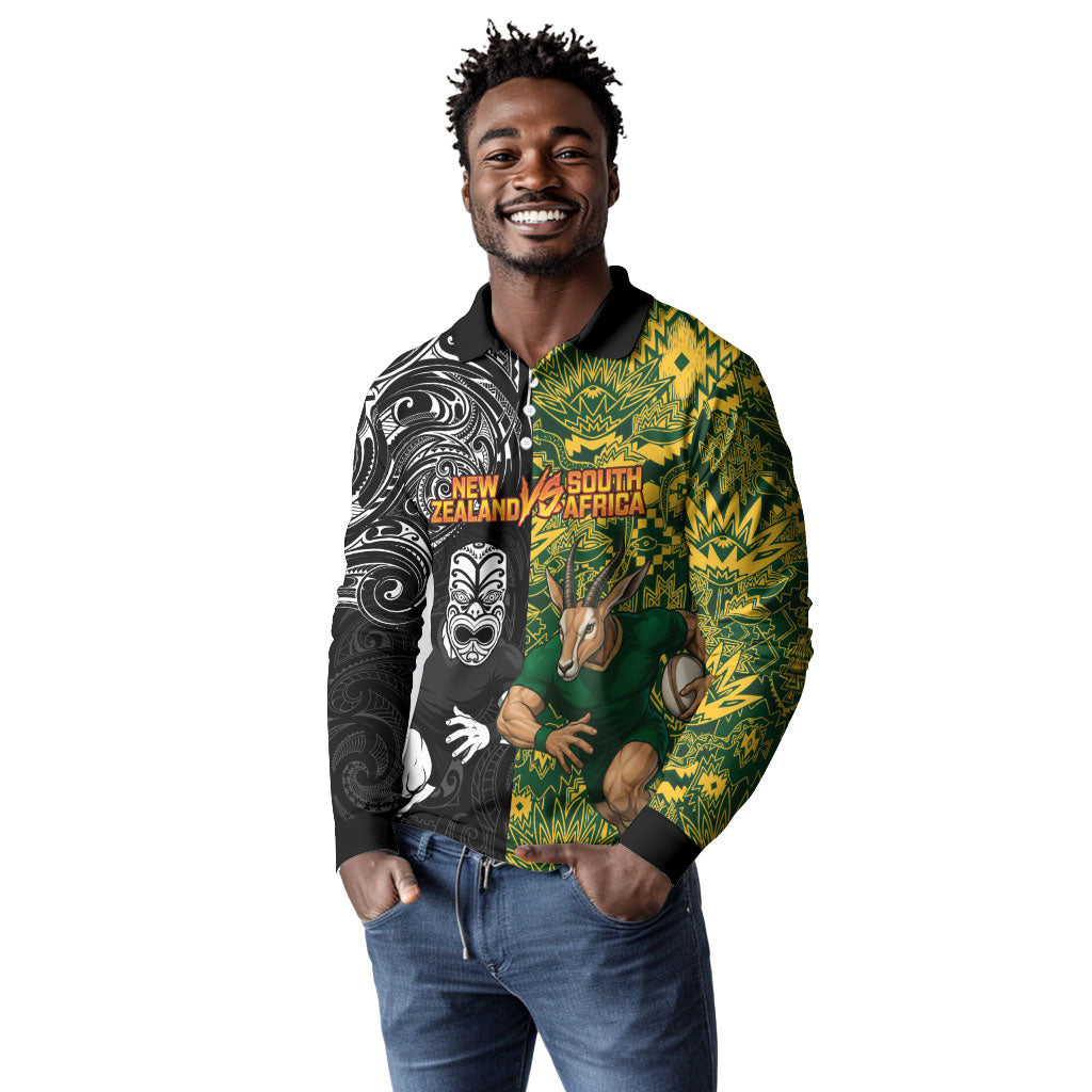 Custom South Africa vs New Zealand Long Sleeve Polo Shirt Rugby se Grootste Wedywering Two Nations One Battle
