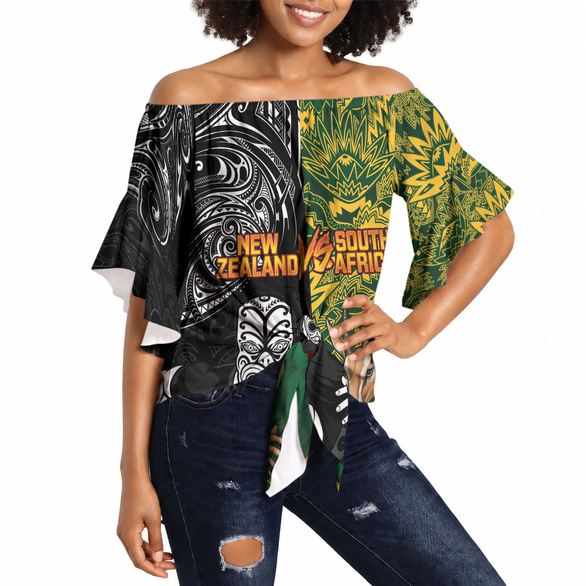 Custom South Africa vs New Zealand Off Shoulder Wrap Waist Top Rugby se Grootste Wedywering Two Nations One Battle