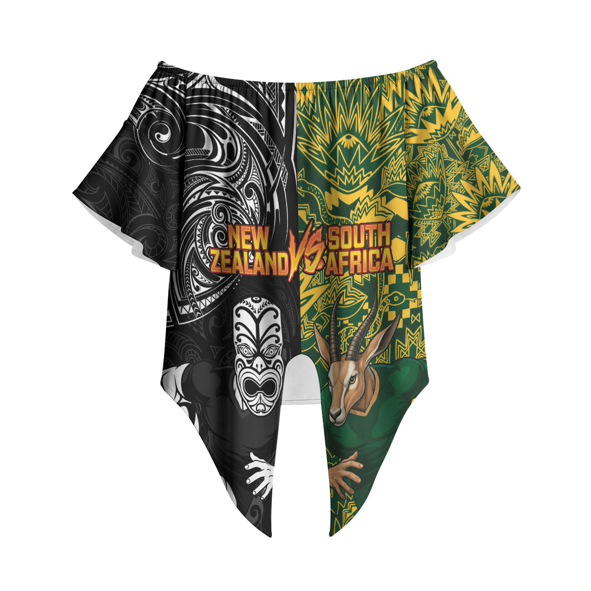 Custom South Africa vs New Zealand Off Shoulder Wrap Waist Top Rugby se Grootste Wedywering Two Nations One Battle