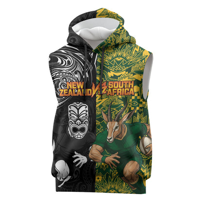 Custom South Africa vs New Zealand Sleeveless Hoodie Rugby se Grootste Wedywering Two Nations One Battle