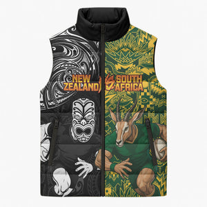 Custom South Africa vs New Zealand Sleeveless Puffer Jacket Rugby se Grootste Wedywering Two Nations One Battle