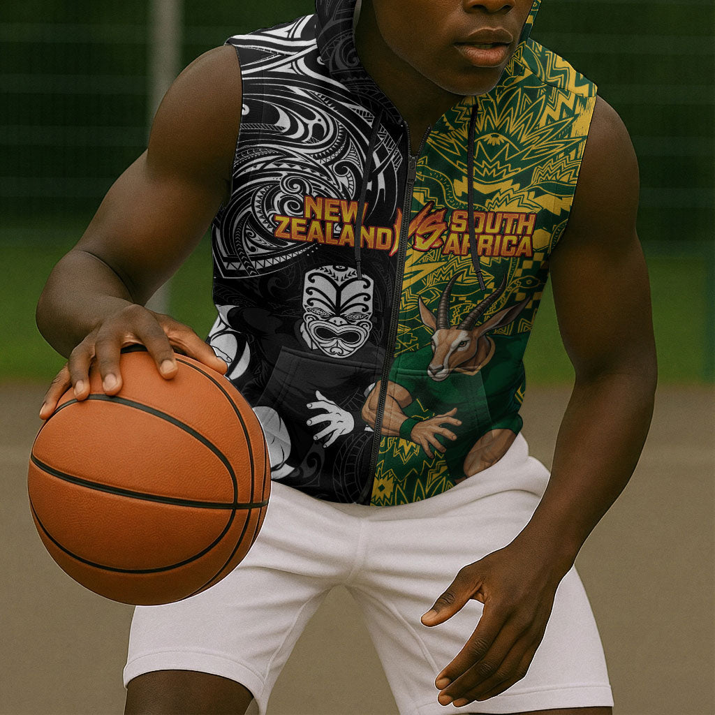 Custom South Africa vs New Zealand Sleeveless Zip Hoodie Rugby se Grootste Wedywering Two Nations One Battle