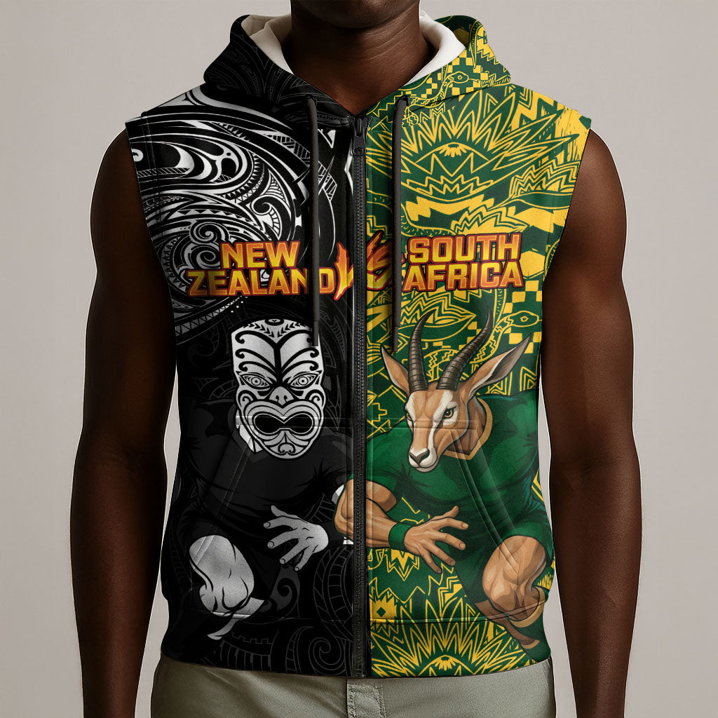 Custom South Africa vs New Zealand Sleeveless Zip Hoodie Rugby se Grootste Wedywering Two Nations One Battle