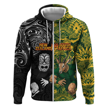 Custom South Africa vs New Zealand Zip Hoodie Rugby se Grootste Wedywering Two Nations One Battle