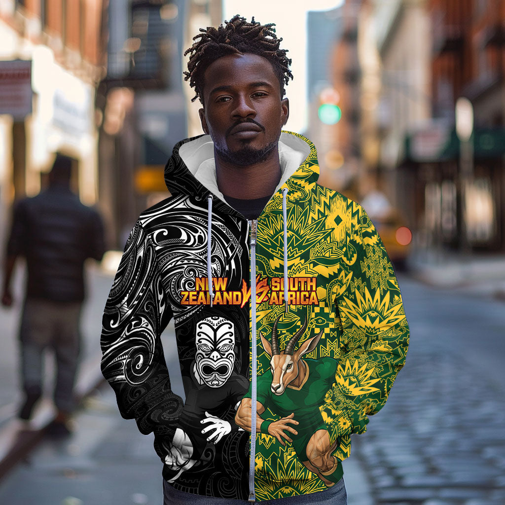 Custom South Africa vs New Zealand Zip Hoodie Rugby se Grootste Wedywering Two Nations One Battle
