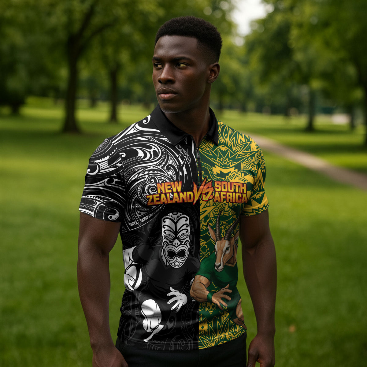 Custom South Africa vs New Zealand Zipper Polo Shirt Rugby se Grootste Wedywering Two Nations One Battle