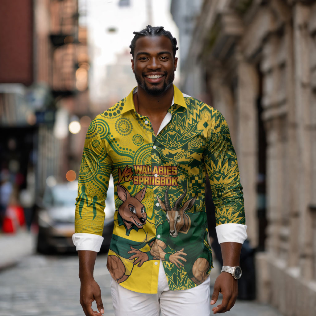 Custom South Africa vs Australia Long Sleeve Button Shirt Springboks Wallabies Two Nations One Battle