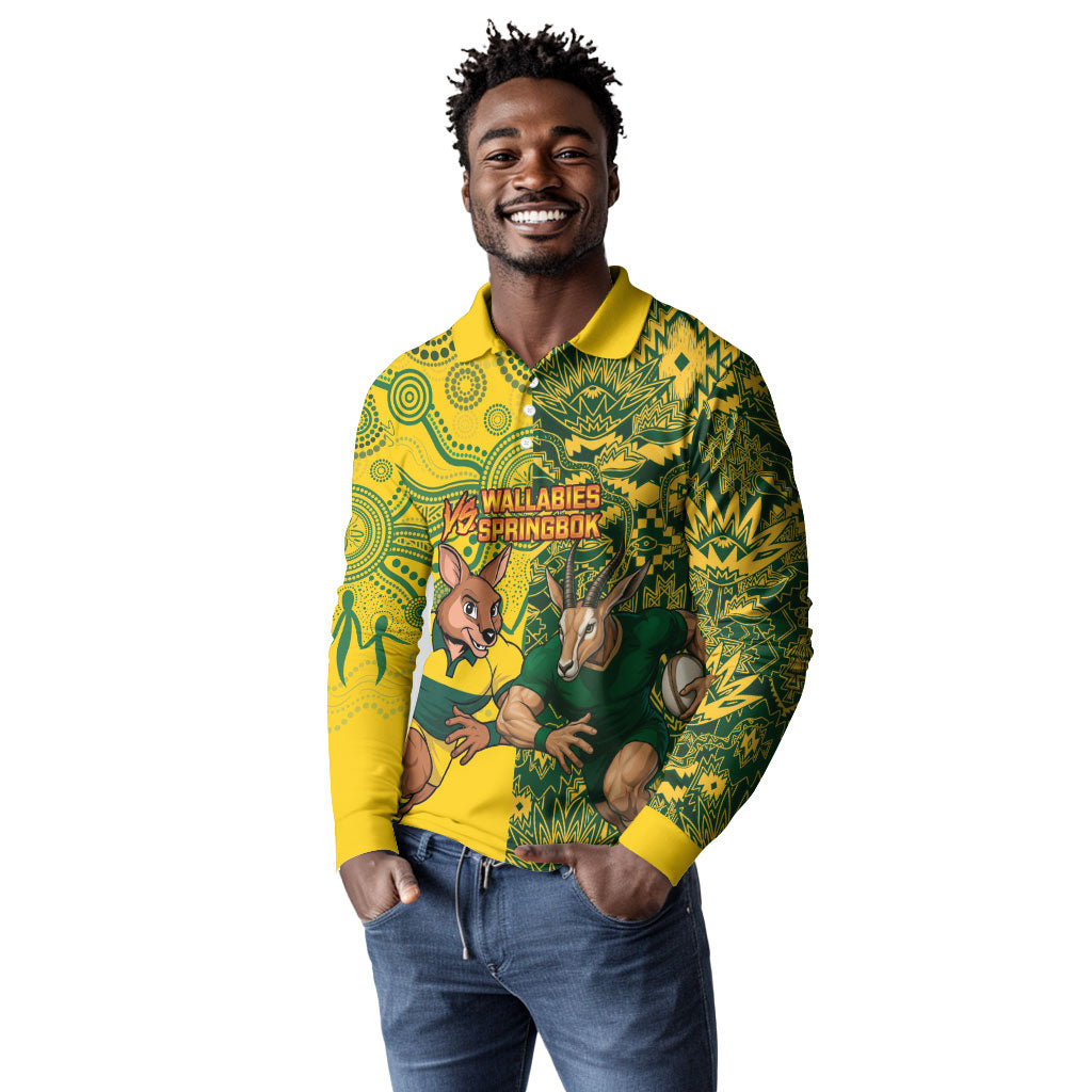 Custom South Africa vs Australia Long Sleeve Polo Shirt Springboks Wallabies Two Nations One Battle