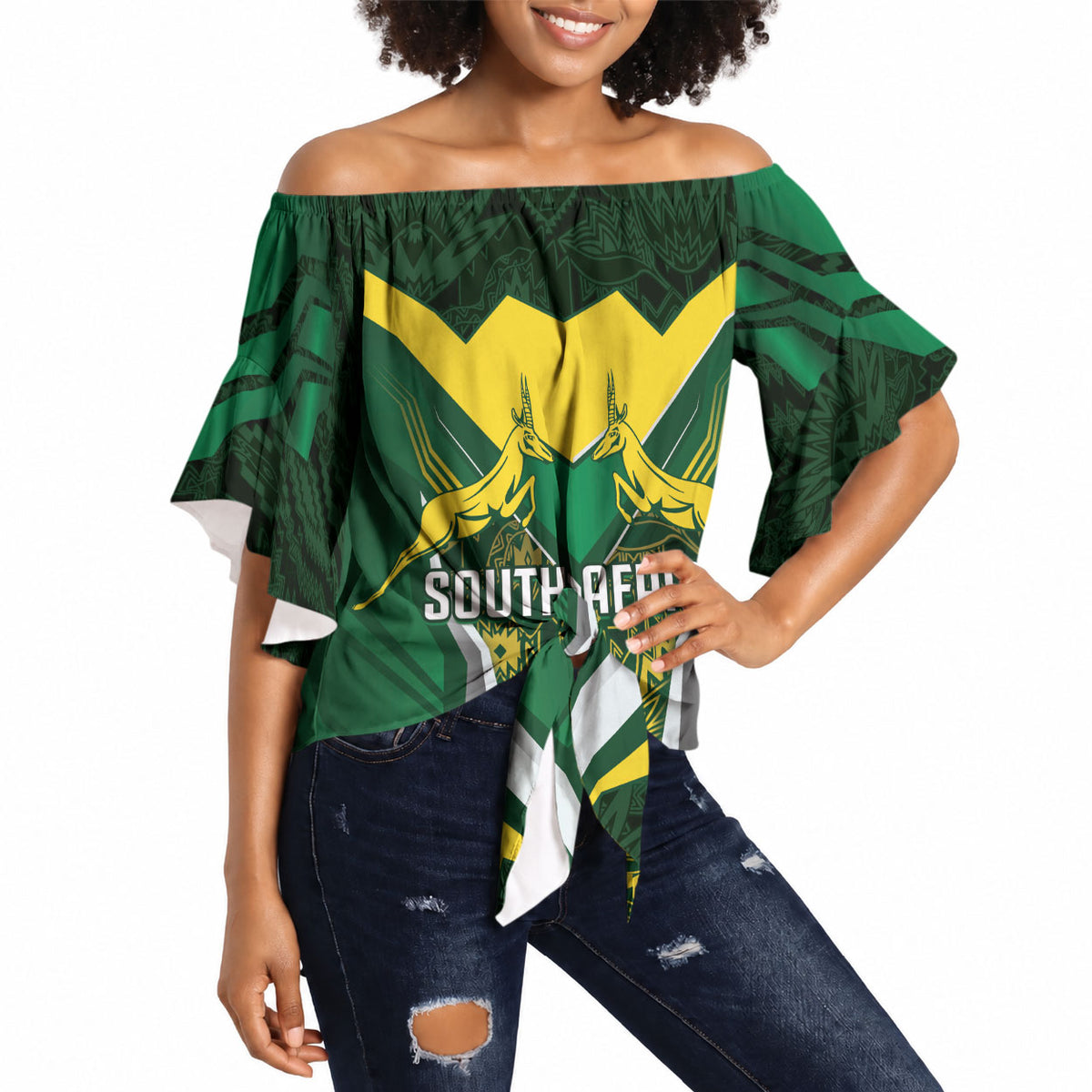 South Africa Springbok Custom Off Shoulder Wrap Waist Top Rugby se Grootste Wedywering