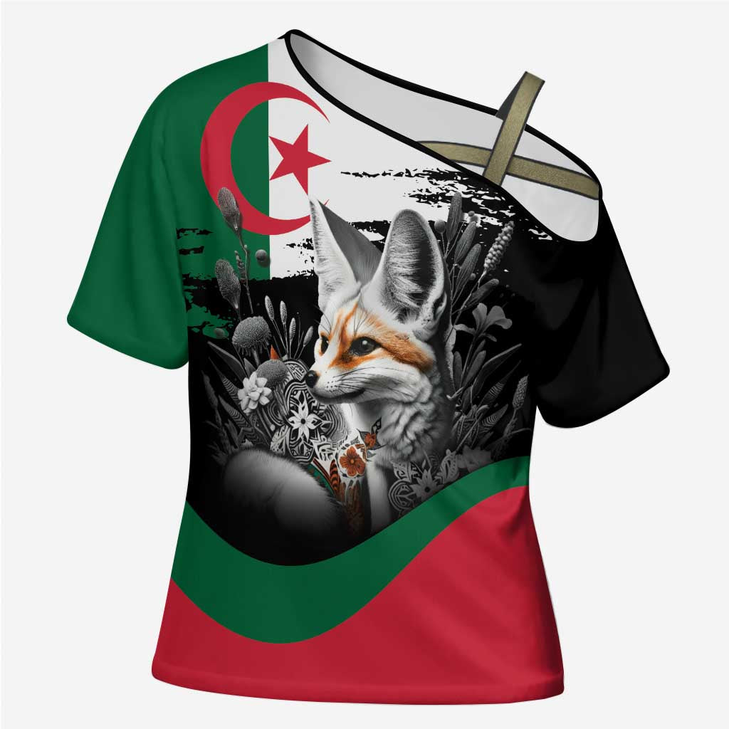 Personalized Algeria Cross Shoulder Shirt Algerian Flag With a Fennec Fox - African Pride