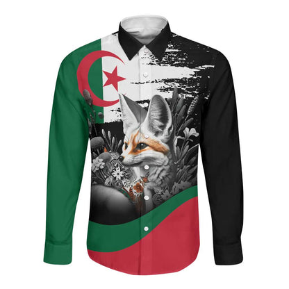 Personalized Algeria Long Sleeve Button Shirt Algerian Flag With a Fennec Fox - African Pride