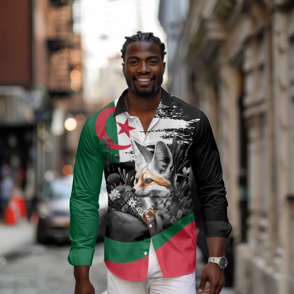 Personalized Algeria Long Sleeve Button Shirt Algerian Flag With a Fennec Fox - African Pride