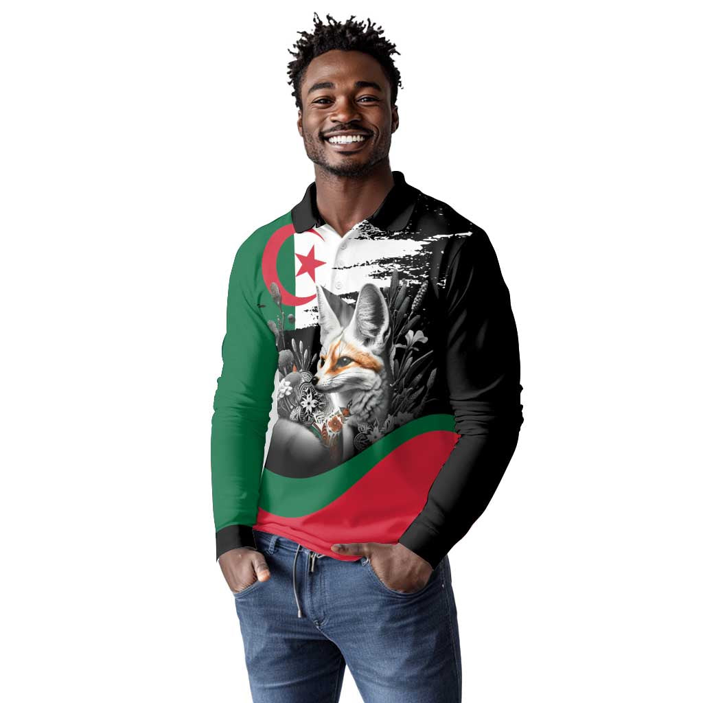 Personalized Algeria Long Sleeve Polo Shirt Algerian Flag With a Fennec Fox - African Pride