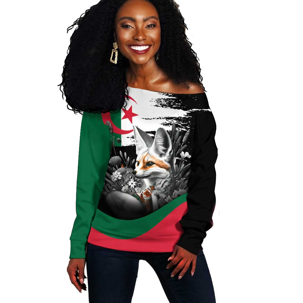 Personalized Algeria Off Shoulder Sweater Algerian Flag With a Fennec Fox - African Pride