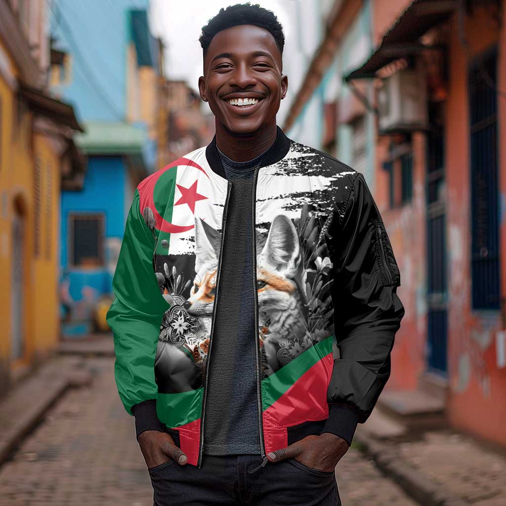 Personalized Algeria Sleeve Zip Bomber Jacket Algerian Flag With a Fennec Fox - African Pride