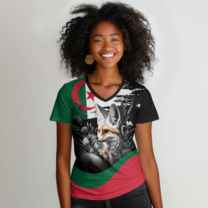 Personalized Algeria Women V-Neck T-Shirt Algerian Flag With a Fennec Fox LT9