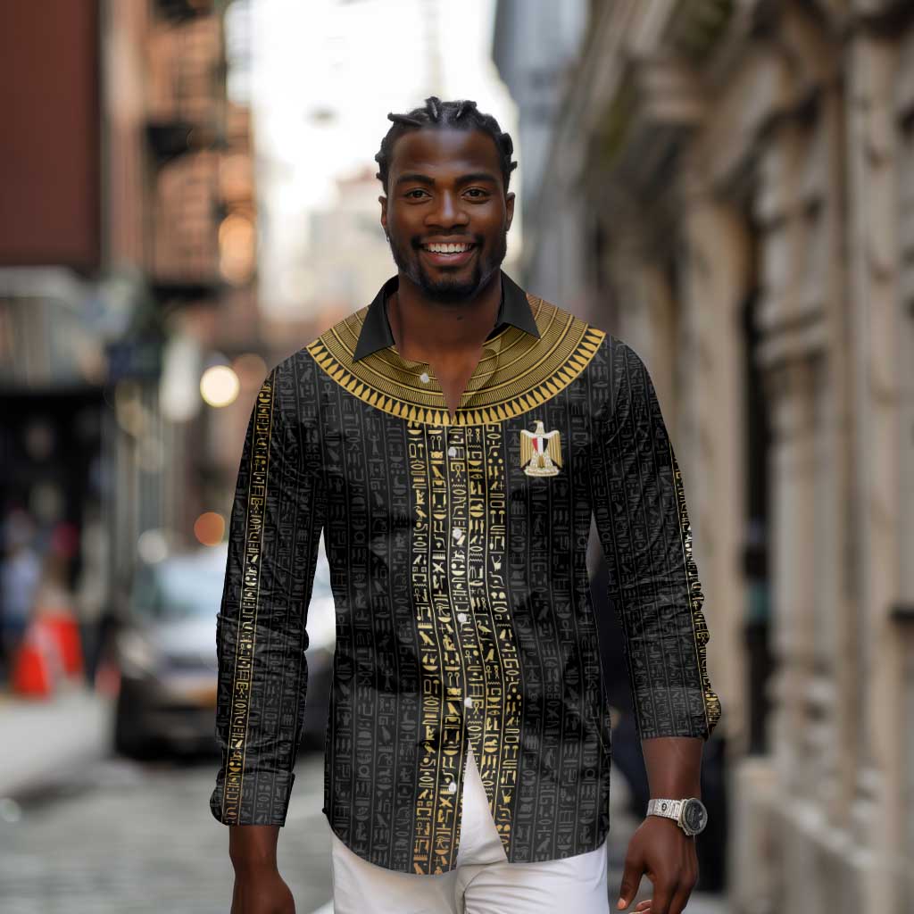 World Football 2026 Egypt Custom Long Sleeve Button Shirt Ancient Egyptian Hieroglyphs - African Pride