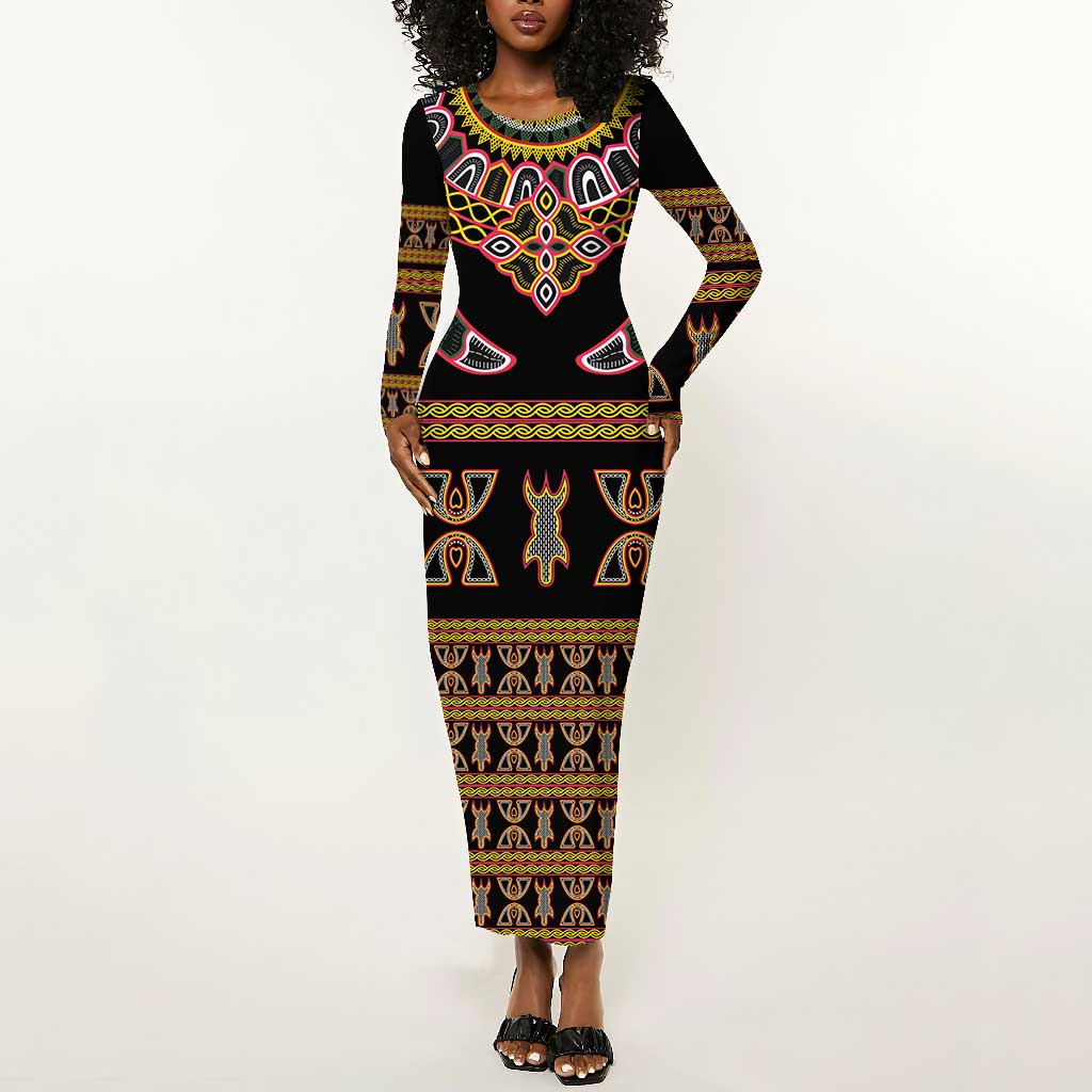 Bamenda Toghu Long Sleeve Bodycon Dress Traditional Attire Pattern