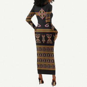 Bamenda Toghu Long Sleeve Bodycon Dress Traditional Attire Pattern