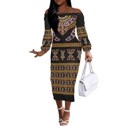 Bamenda Toghu Off The Shoulder Long Sleeve Dress Traditional Attire Pattern