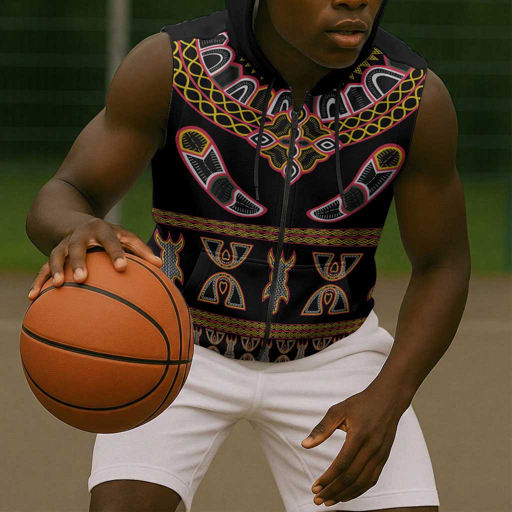 Bamenda Toghu Sleeveless Zip Hoodie Traditional Attire Pattern