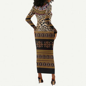 Cameroon Cheetah Toghu Pattern Long Sleeve Bodycon Dress