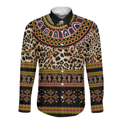 Cameroon Cheetah Toghu Pattern Long Sleeve Button Shirt