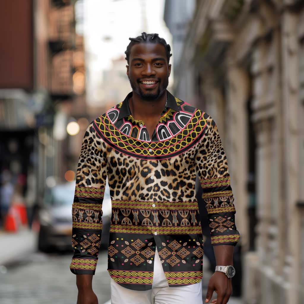 Cameroon Cheetah Toghu Pattern Long Sleeve Button Shirt