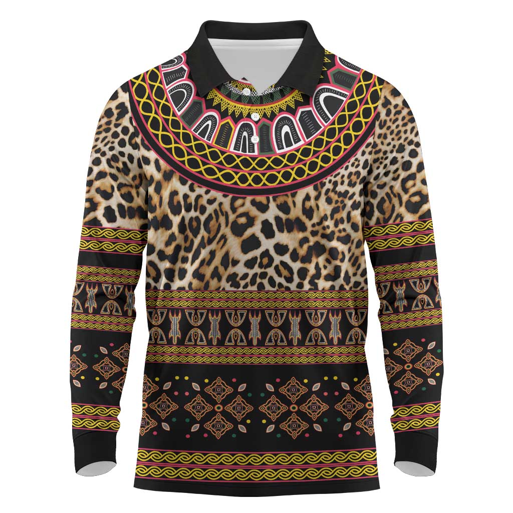 Cameroon Cheetah Toghu Pattern Long Sleeve Polo Shirt