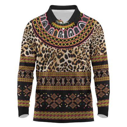 Cameroon Cheetah Toghu Pattern Long Sleeve Polo Shirt