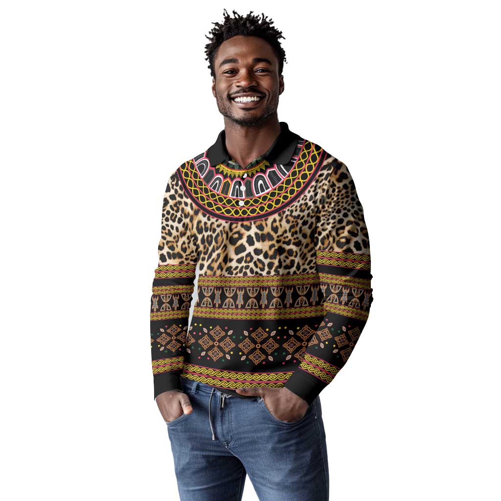 Cameroon Cheetah Toghu Pattern Long Sleeve Polo Shirt