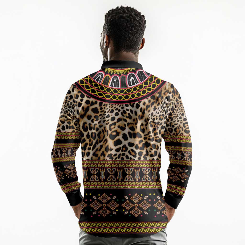 Cameroon Cheetah Toghu Pattern Long Sleeve Polo Shirt