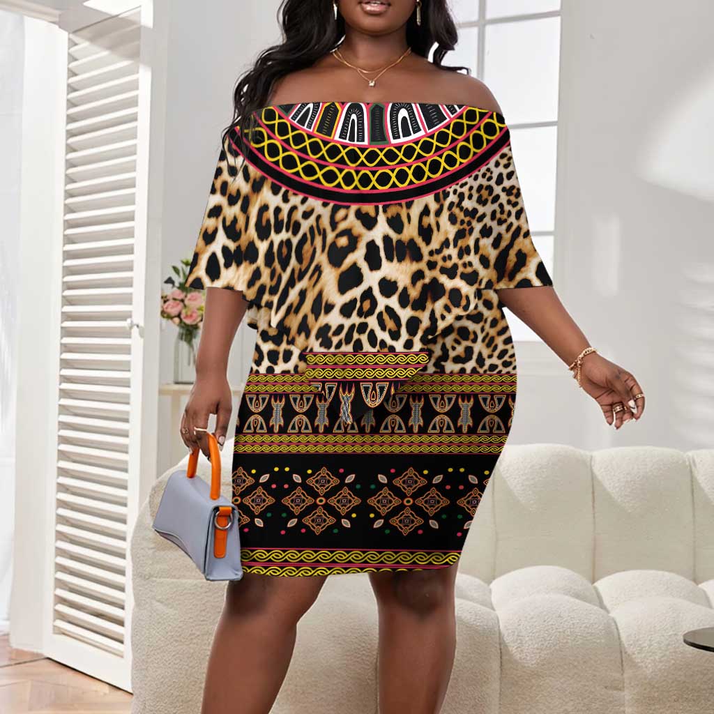 Cameroon Cheetah Toghu Pattern Off Shoulder Short Dress
