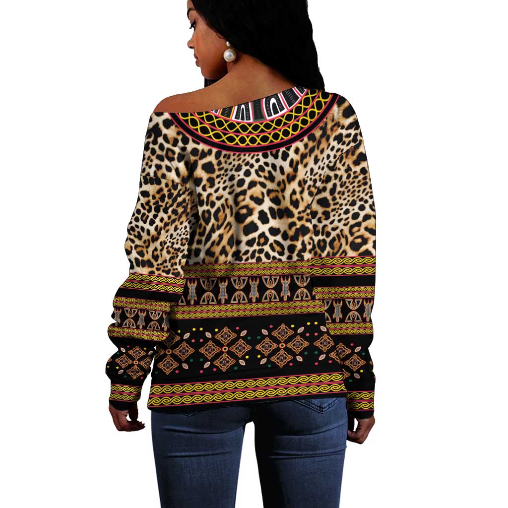 Cameroon Cheetah Toghu Pattern Off Shoulder Sweater