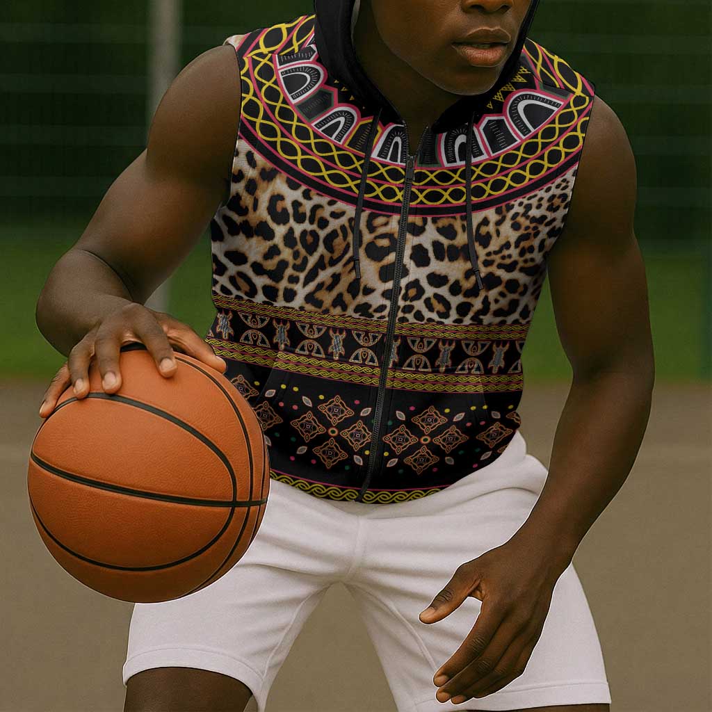 Cameroon Cheetah Toghu Pattern Sleeveless Zip Hoodie