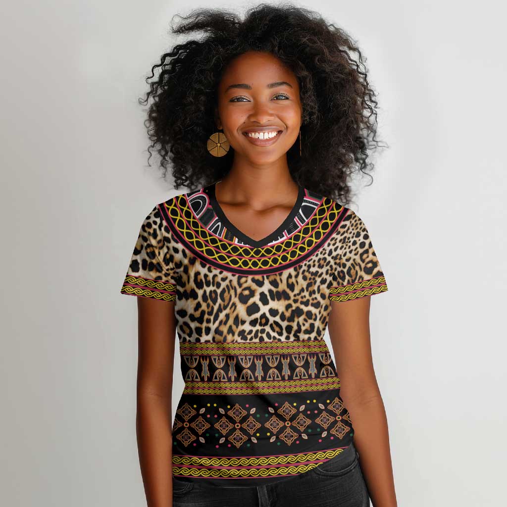 Cameroon Cheetah Toghu Pattern Women V-Neck T-Shirt