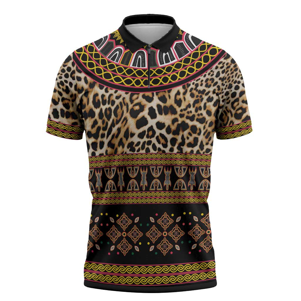 Cameroon Cheetah Toghu Pattern Zipper Polo Shirt