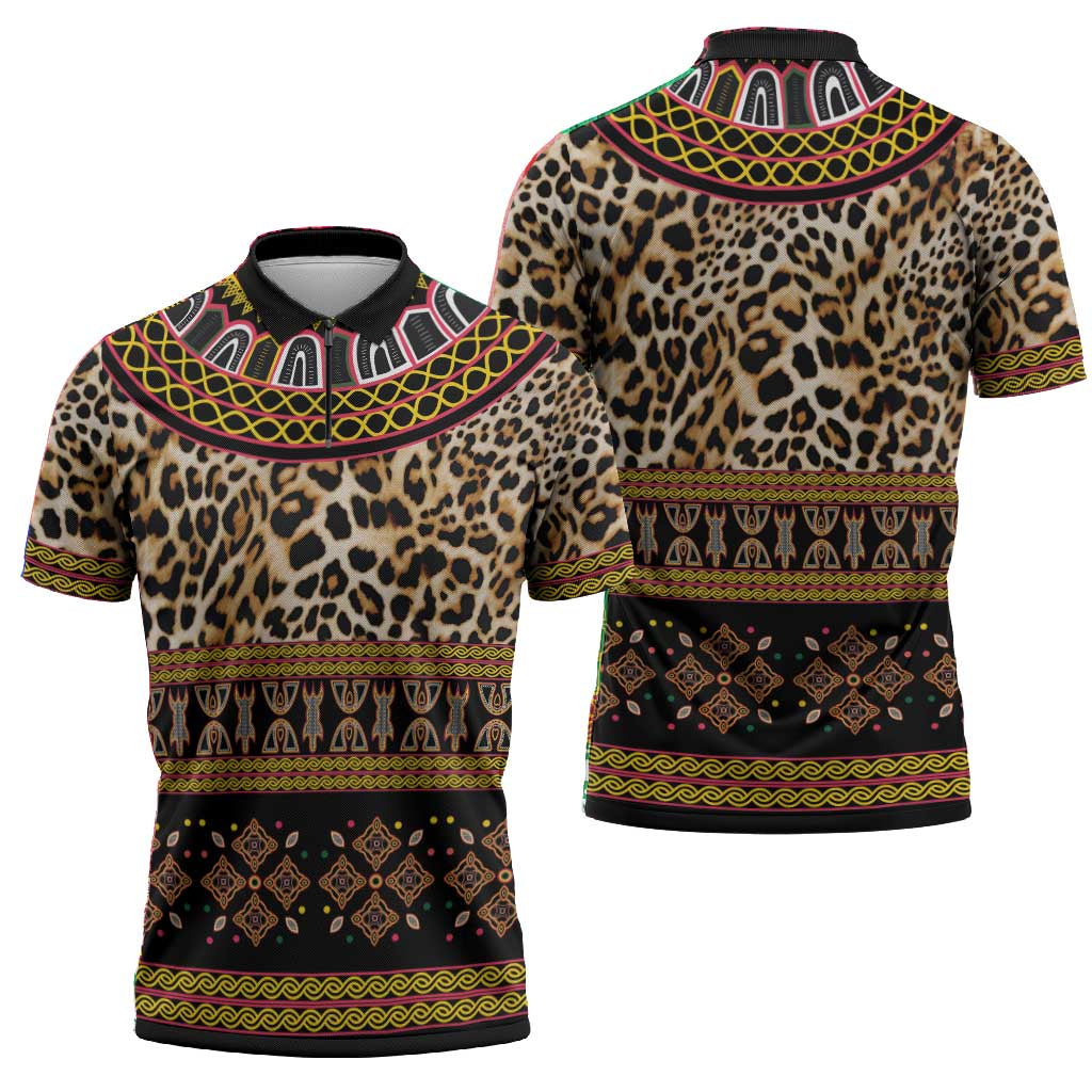 Cameroon Cheetah Toghu Pattern Zipper Polo Shirt