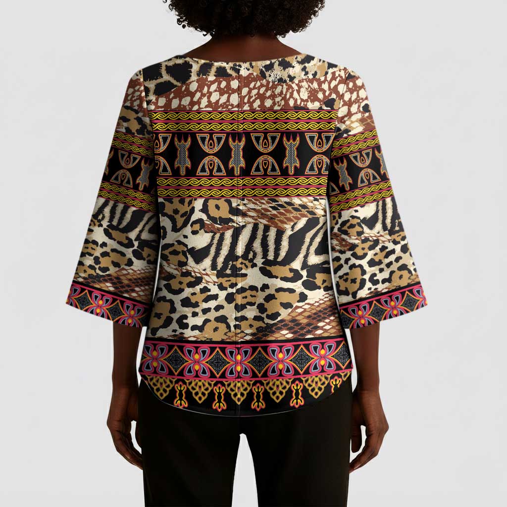 Cameroon Toghu Kimono Sleeve Blouse Wild Animal Skins Seamless Pattern