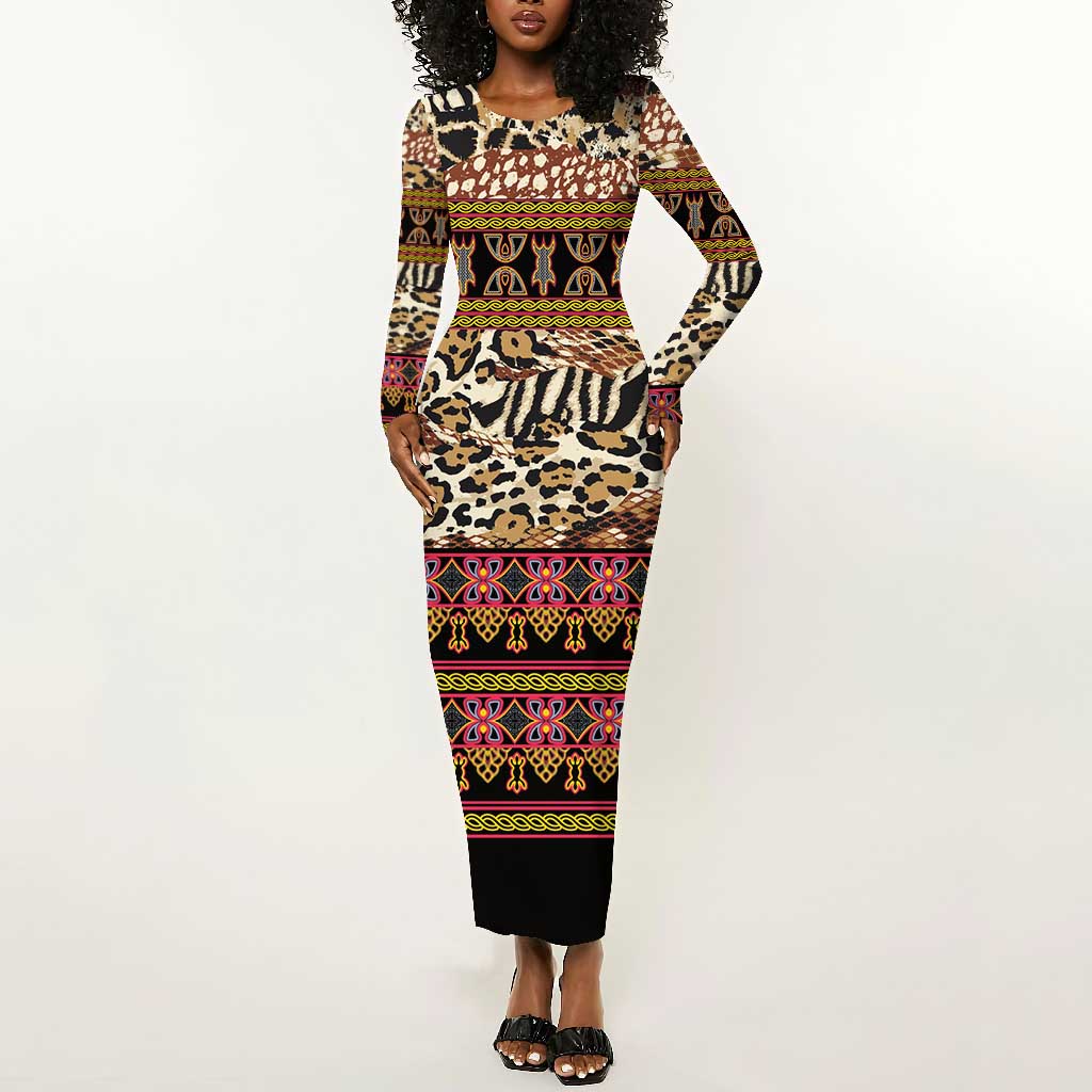 Cameroon Toghu Long Sleeve Bodycon Dress Wild Animal Skins Seamless Pattern