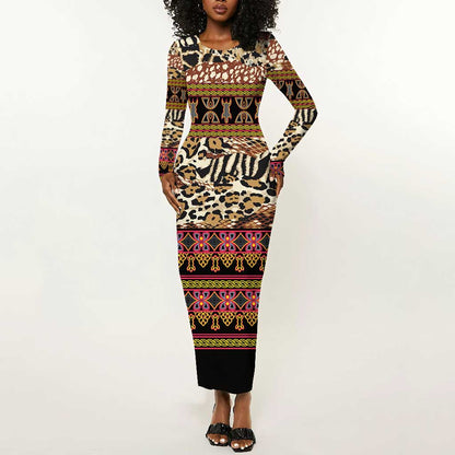 Cameroon Toghu Long Sleeve Bodycon Dress Wild Animal Skins Seamless Pattern