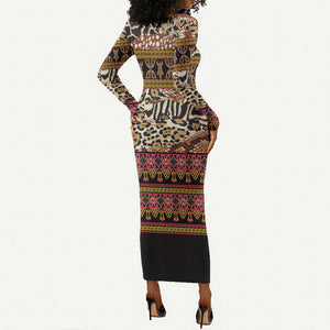 Cameroon Toghu Long Sleeve Bodycon Dress Wild Animal Skins Seamless Pattern