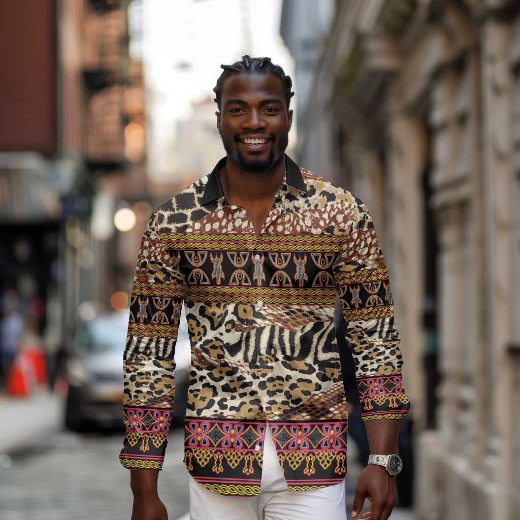 Cameroon Toghu Long Sleeve Button Shirt Wild Animal Skins Seamless Pattern