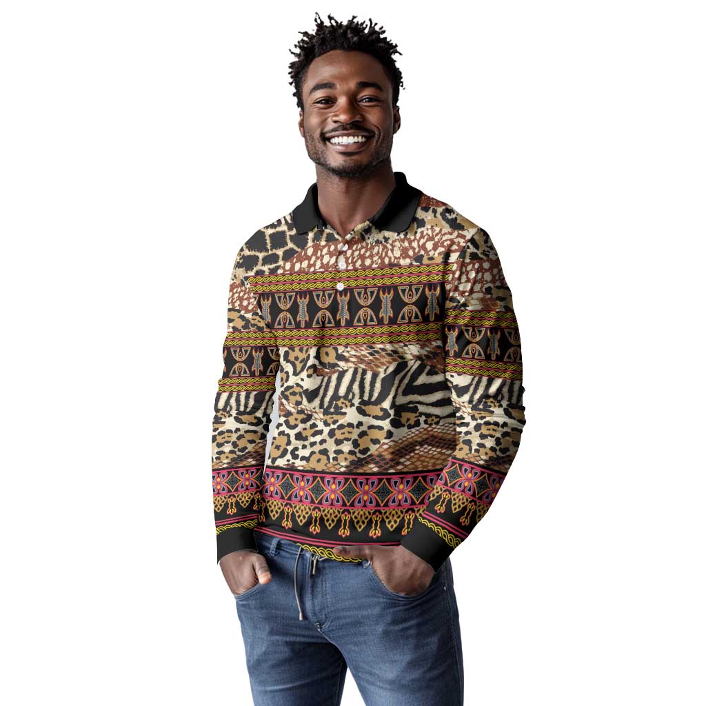 Cameroon Toghu Long Sleeve Polo Shirt Wild Animal Skins Seamless Pattern