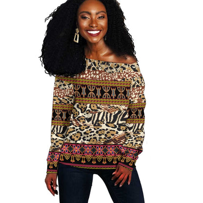 Cameroon Toghu Off Shoulder Sweater Wild Animal Skins Seamless Pattern