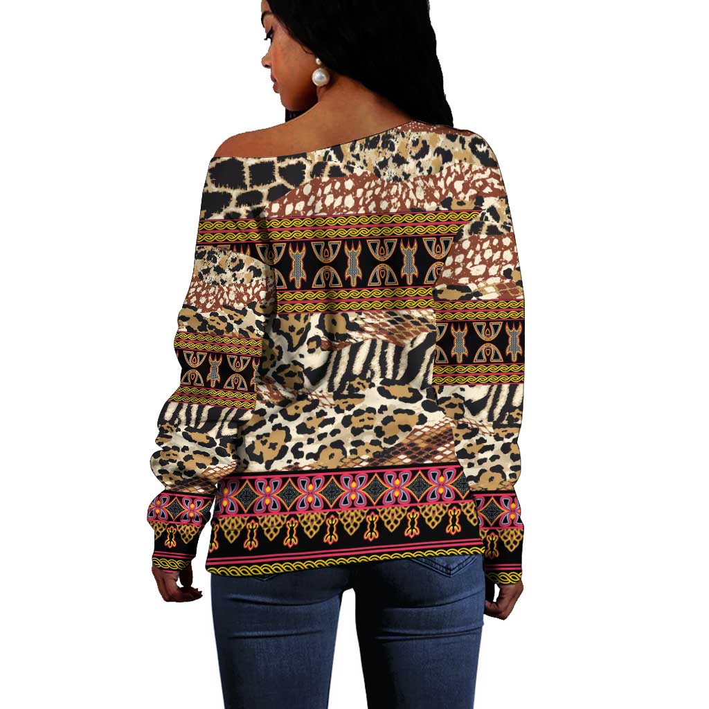 Cameroon Toghu Off Shoulder Sweater Wild Animal Skins Seamless Pattern