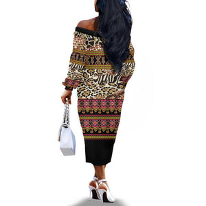 Cameroon Toghu Off The Shoulder Long Sleeve Dress Wild Animal Skins Seamless Pattern
